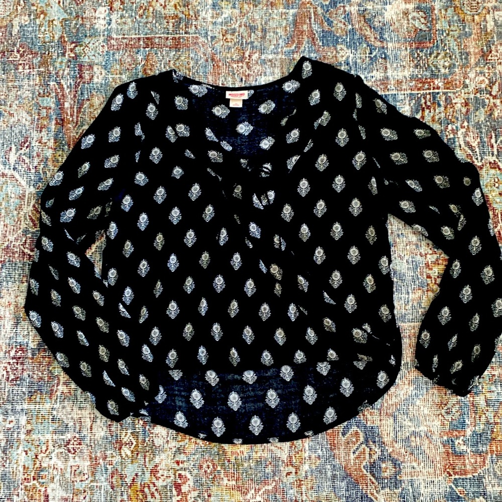Mission, black and cream wrap blouse.